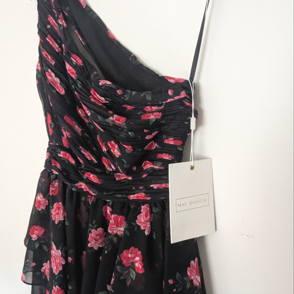 NWT! Mac Duggal Black One Shoulder Ruffled Rose Print Layered High-Low Dress - Picture 4 of 12